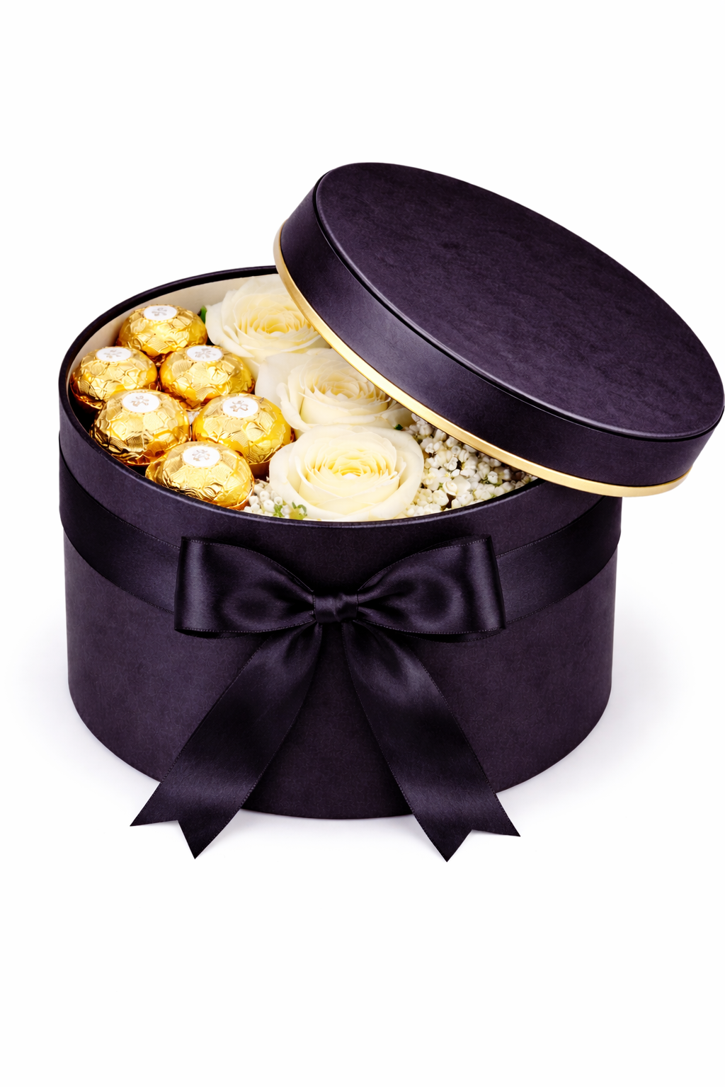 Small round black box black bow white roses Noir Rose Box.png