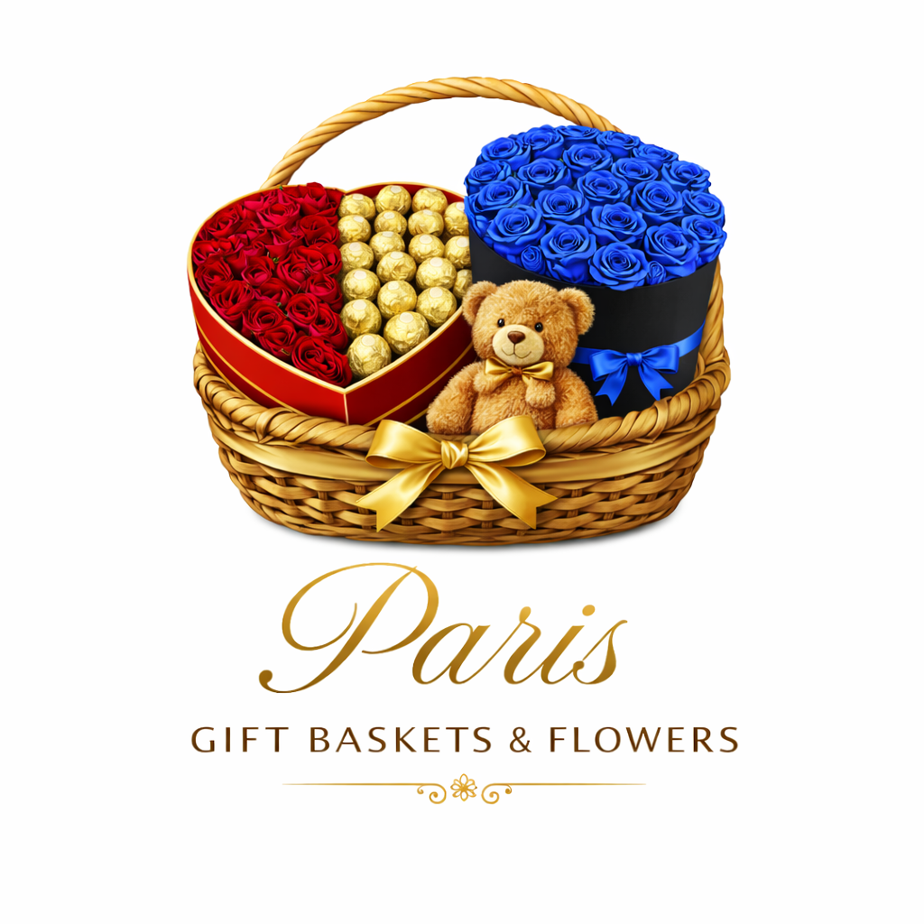 A gift basket containing red roses, gold-wrapped chocolates, a teddy bear, and a round box of blue roses, with the text "Paris Gift Baskets & Flowers" underneath.