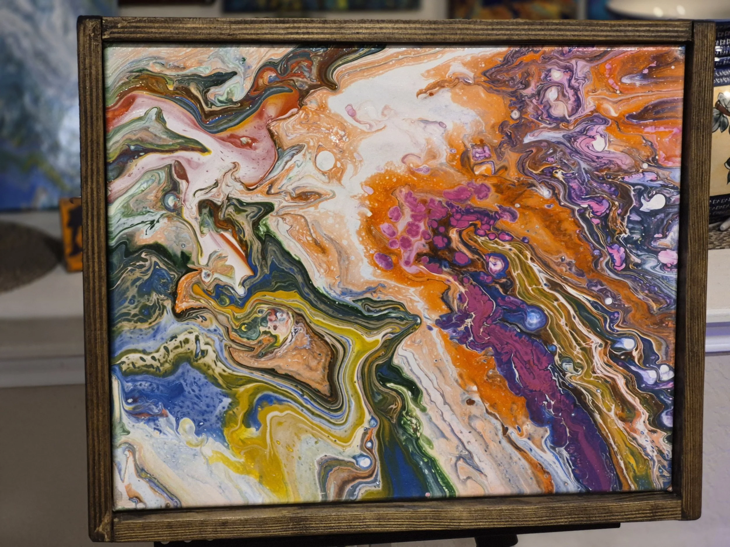 Vibrant Abstract Fluid Art Painting with Rustic Wooden Frame