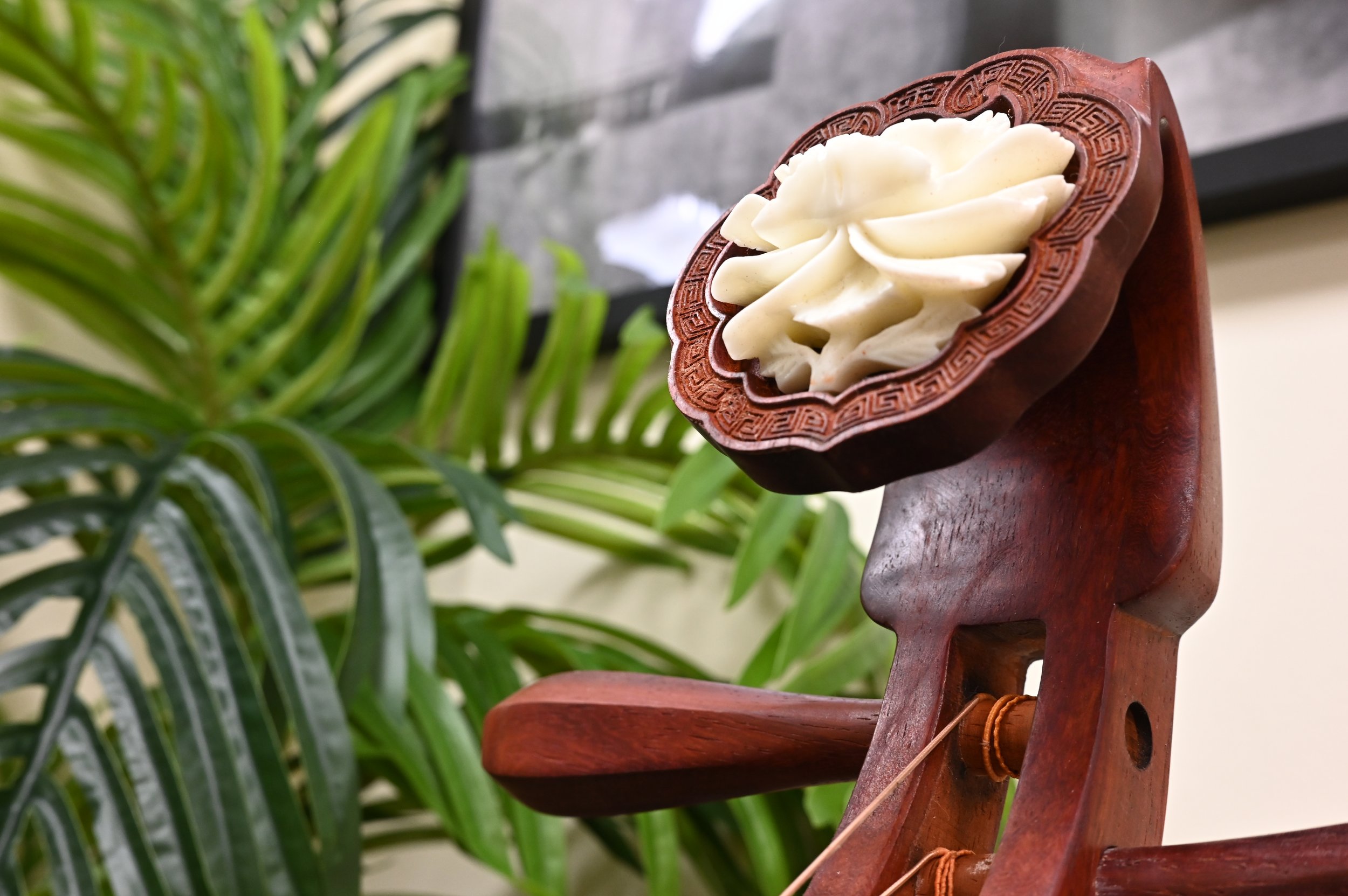 Decorative wooden chair with intricate carved design holding a cream-colored carved soap or sculpture surrounded by green tropical leaves in the background.