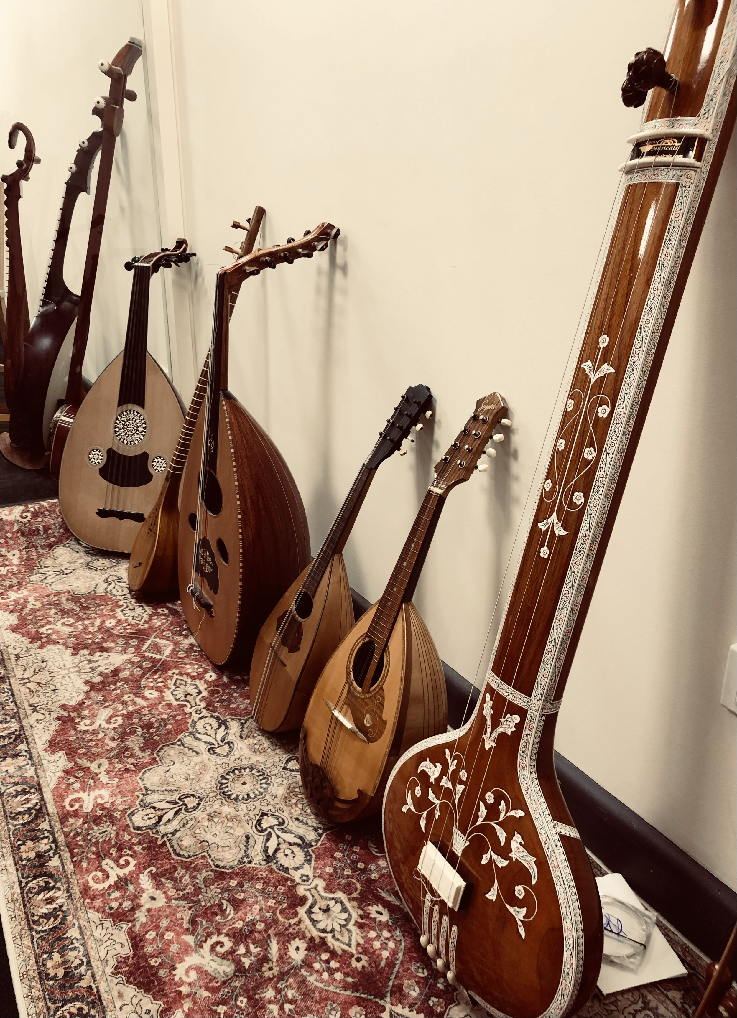 Collection of traditional string instruments, including lutes and a guitar, arranged against a wall on a patterned rug.
