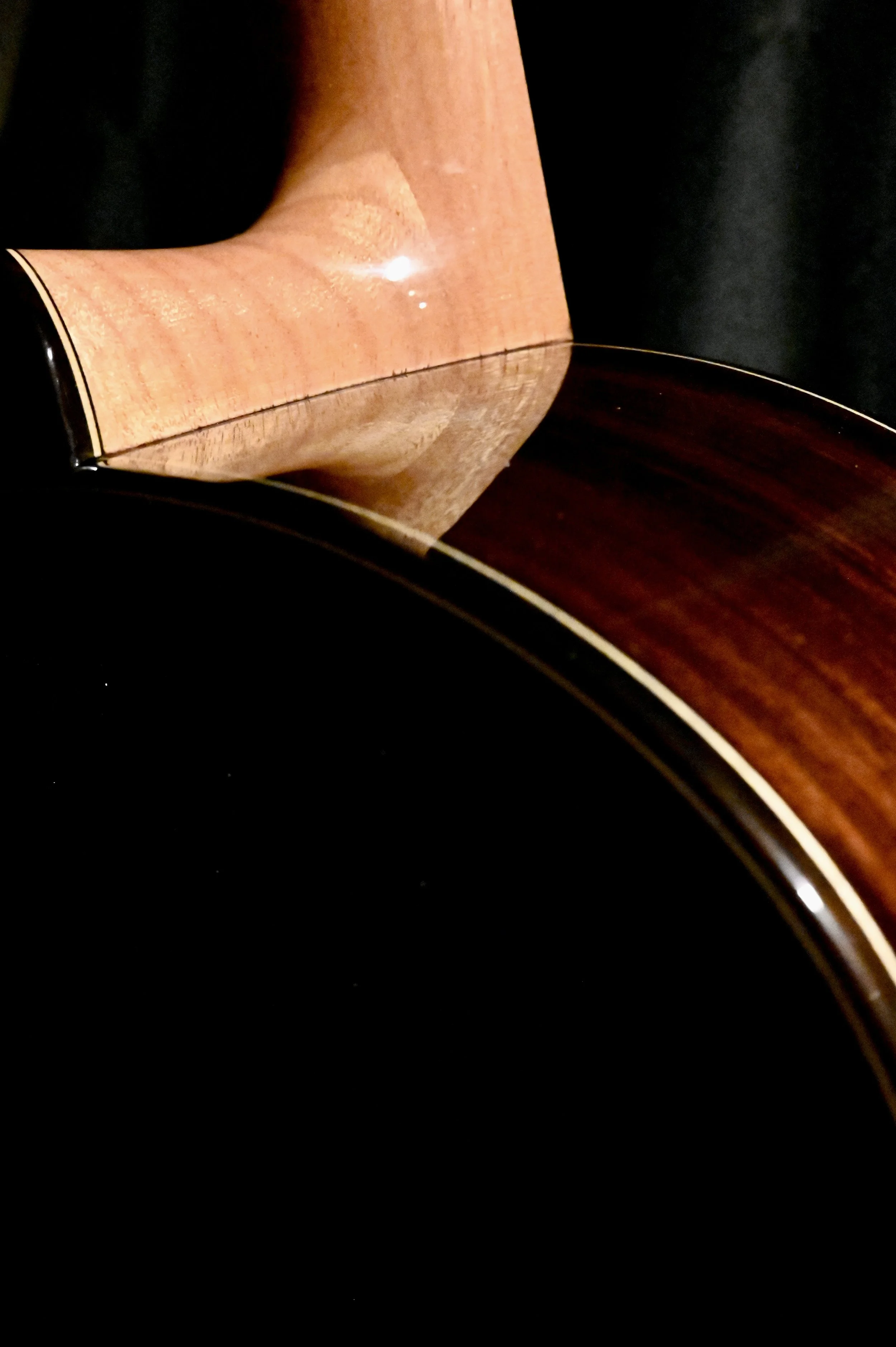 Close-up of the back of an acoustic guitar, showing the fretboard and part of the body with a black background.