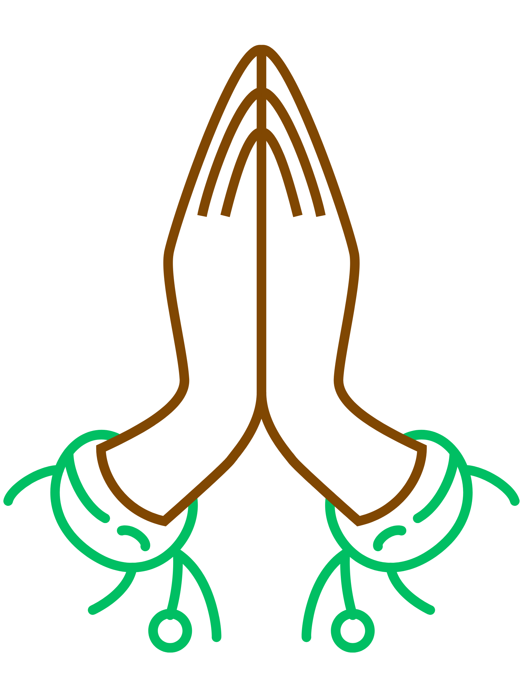 Neon sign of two praying hands in brown and green colors.