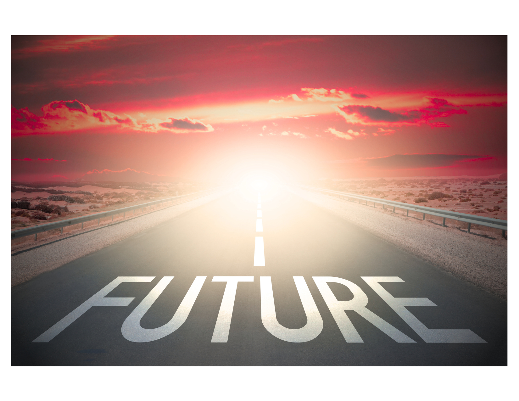 A road leading into a bright, glowing horizon with a sunset sky, and the word 'FUTURE' painted on the road surface.
