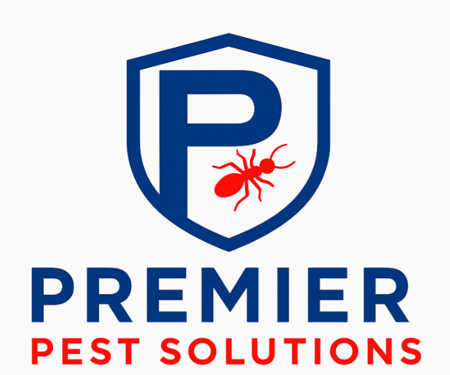 Logo for Premier Pest Solutions featuring a shield with a large letter P and a red ant inside it, with the company name below.