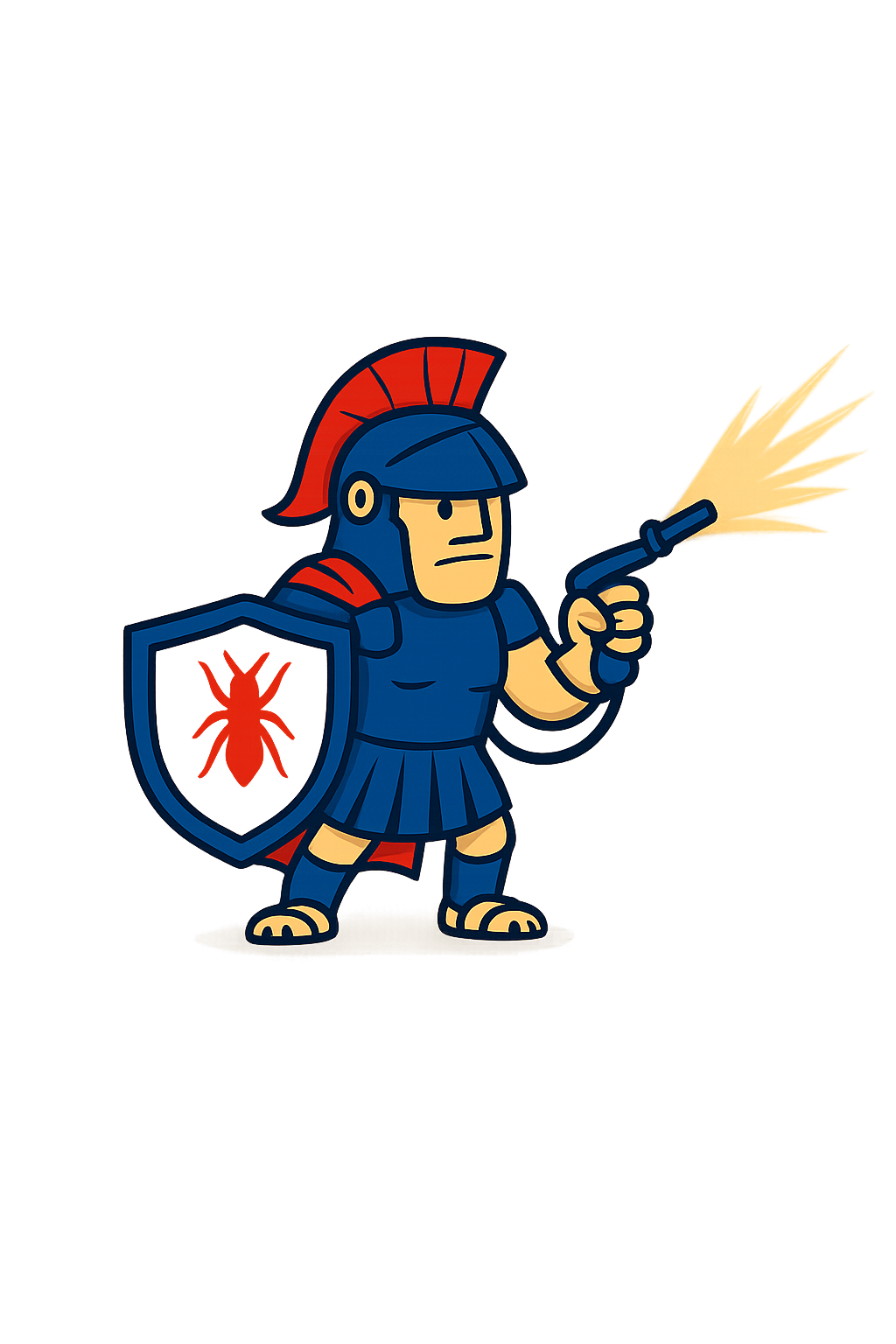 Cartoon knight in armor holding a shield with a red bug symbol, firing a torch.