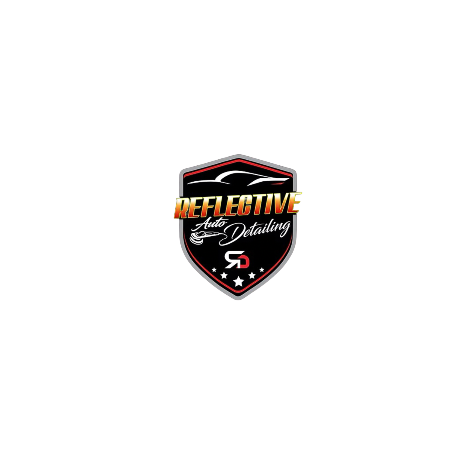 A logo for Reflective Auto Detailing featuring a black shield with red and white accents, a stylized car silhouette, and text reading 'Reflective Auto Detailing' with a red 'RD' and five stars at the bottom.