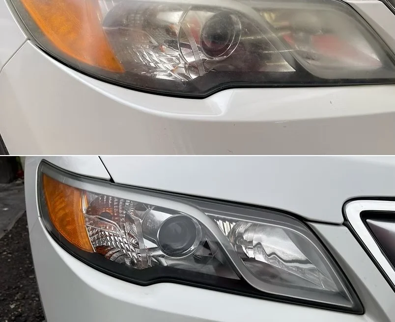 A side-by-side comparison of a car's headlight before and after cleaning or restoration, with the cleaner headlight appearing clear and the dirty headlight cloudy.