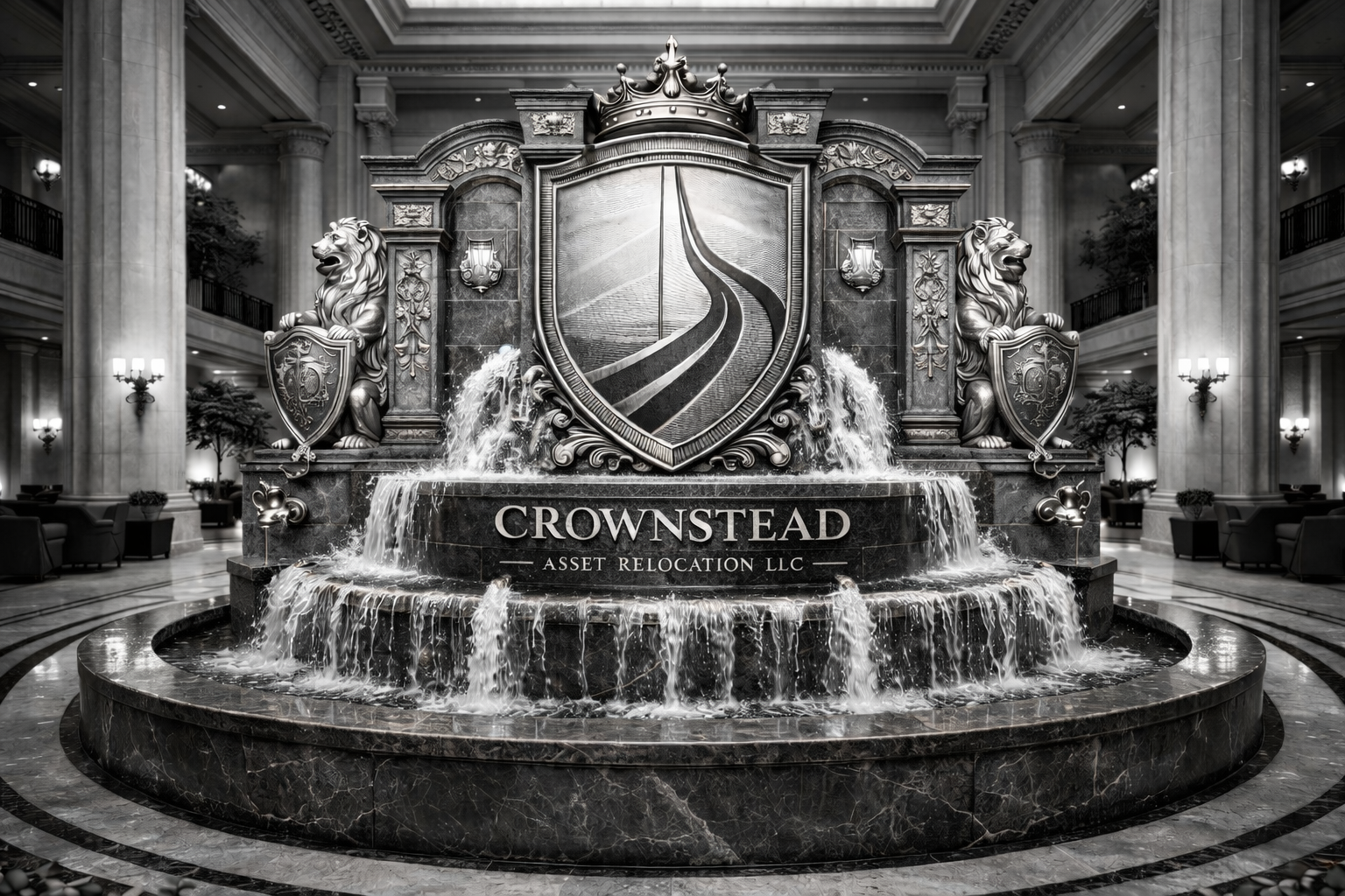 An elaborate black and white marble fountain inside a grand building. The fountain features a crest with a sailboat on water, flanked by two lions holding shields. Water flows from multiple tiers with the text 'CROWNSTEAD ASSET RELOCATION LLC' displayed prominently.