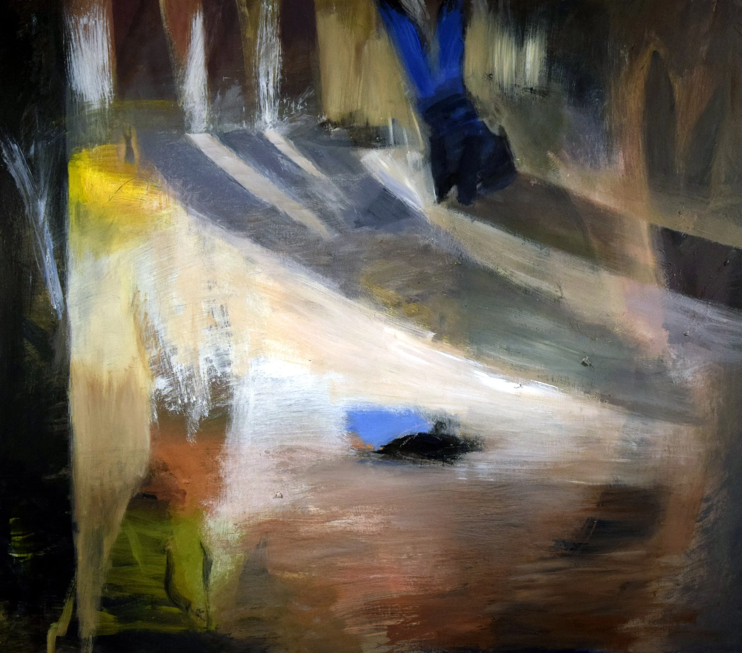 Abstract painting of a woodland interior, with suggested animal and bird forms in white, blue, black, brown, and yellow.