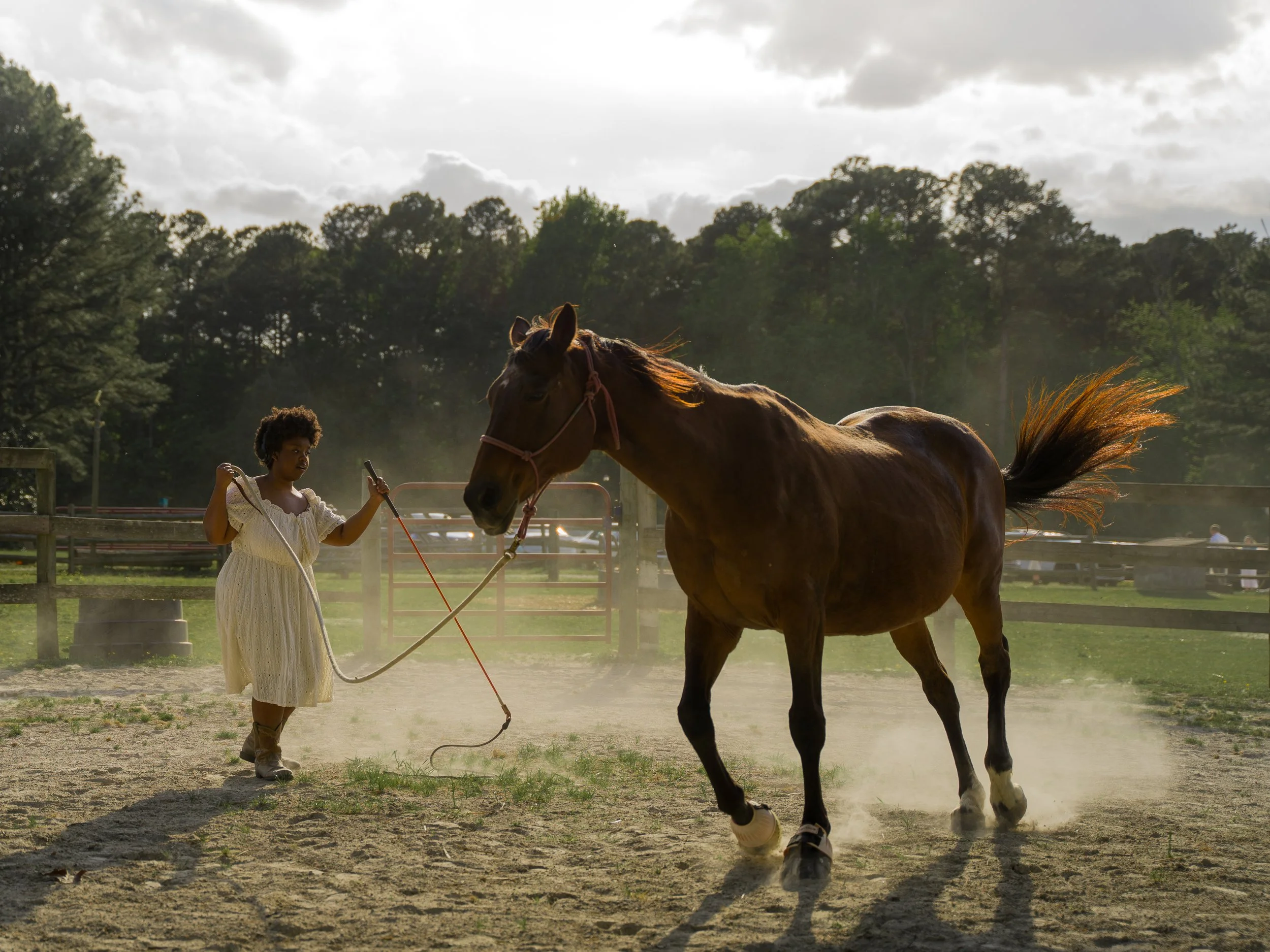 A woman in a white dress holding a phone in one hand and a lead rope in the other, standing on dirt and dust in a fenced outdoor area, with a brown horse and a background of trees and cloudy sky.