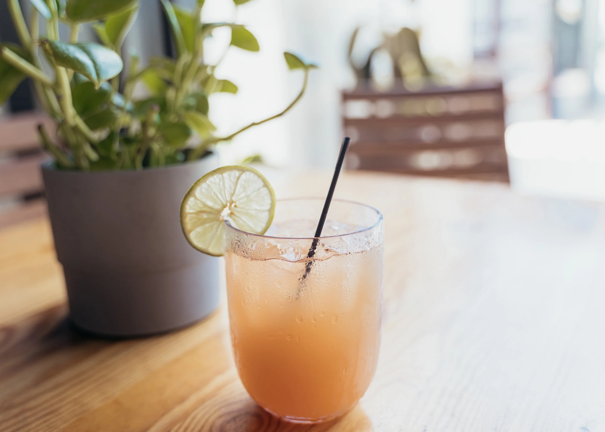 A glass of pink grapefruit drink with a lemon slice garnish and a straw, placed on a wooden table next to a potted plant in a gray container, with a bright, blurred background.
