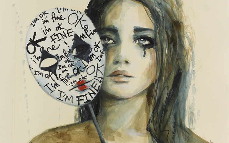 Watercolor portrait of a woman with dark hair and tears on her face, holding a theatrical mask on a stick. The mask has words like 'OK,' 'I'm fine,' and 'fine' written repeatedly.