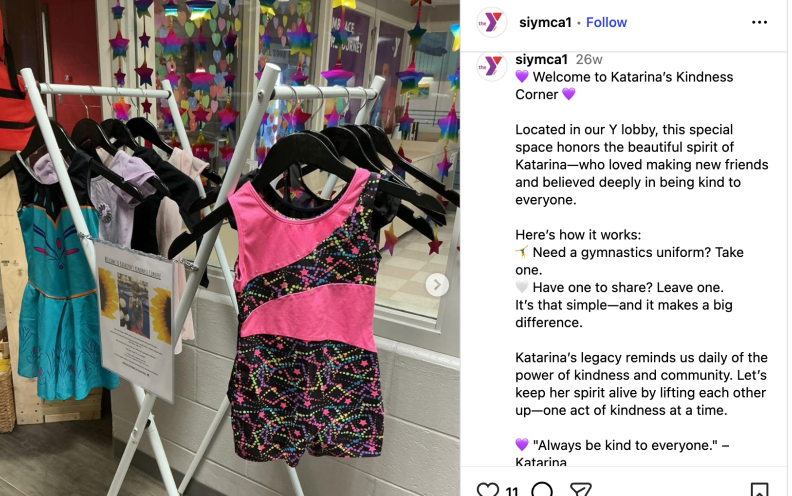 Colorful children's gymnastics leotard on a hanger, with other clothing items in the background, display in a community space honoring Katarina's kindness.
