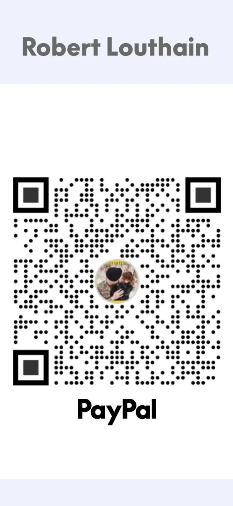PayPal QR code with a circular profile picture in the center, above the name Robert Louthain, and the PayPal logo at the bottom.