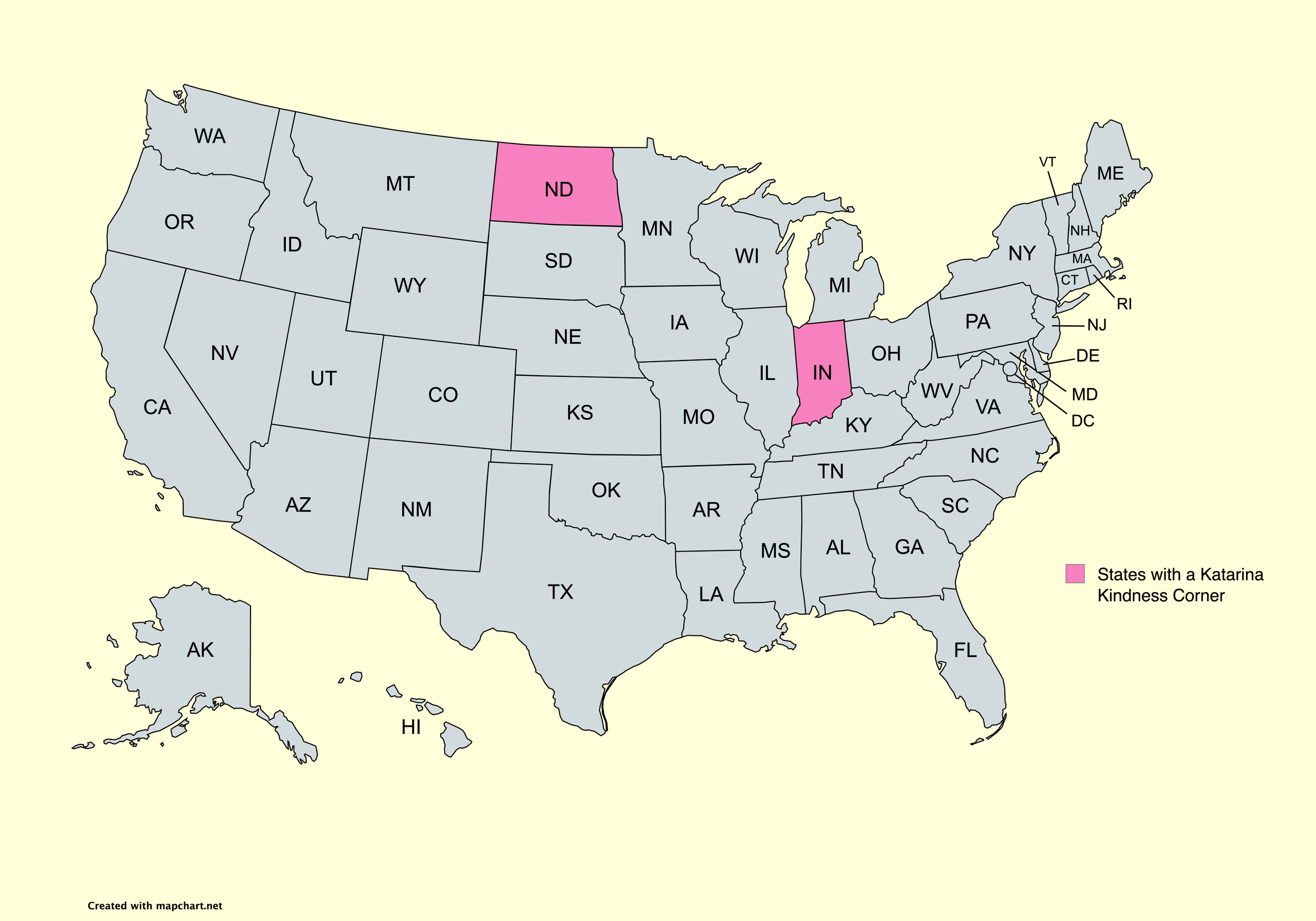 Map of the United States with North Dakota, Indiana, and Maryland highlighted in pink, showing states with a Katarina Kindness Corner.