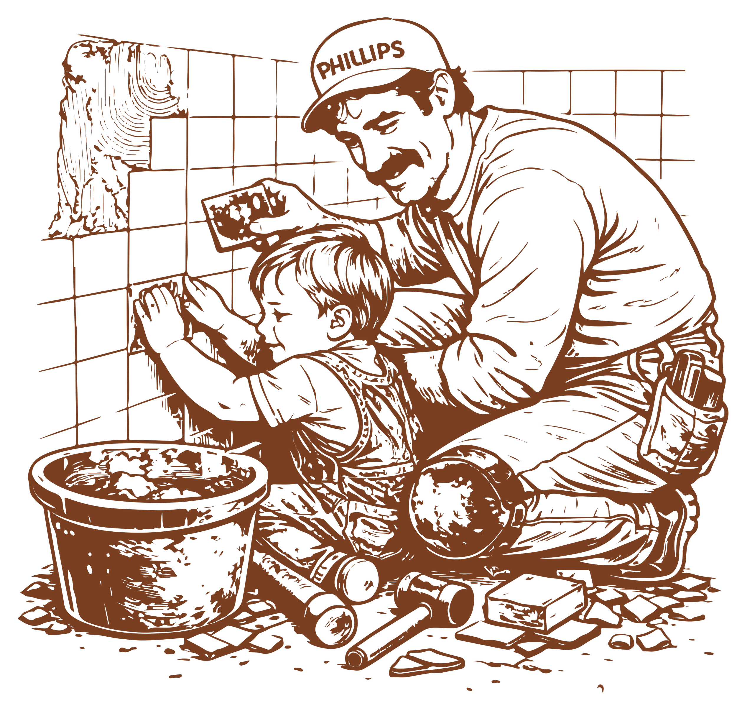 A stylized illustration of a man wearing glasses and a cap with the word 'Phillips' on it, holding a rasp, with a brick wall in the background.