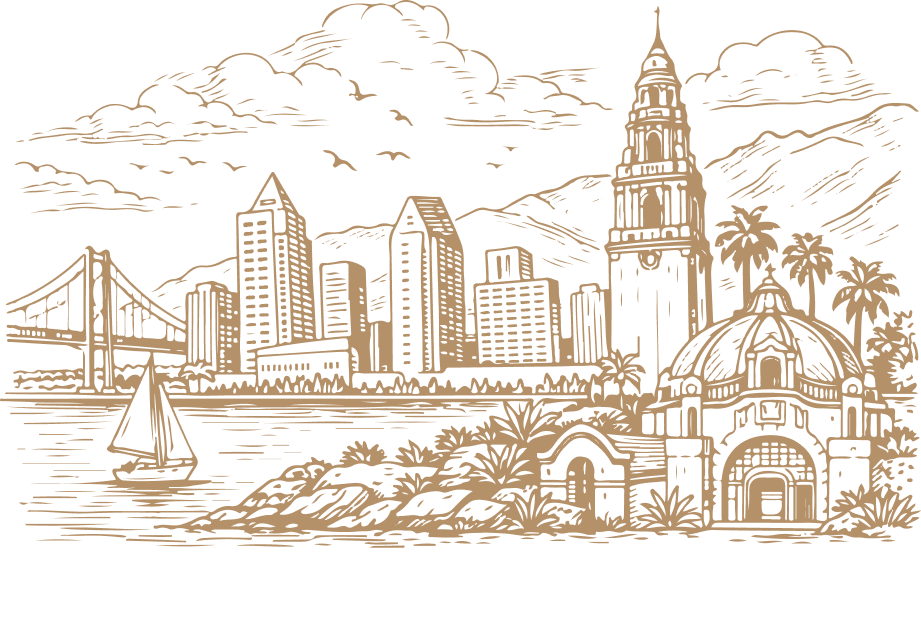 A stylized illustration of the San Francisco skyline featuring city skyscrapers, the Golden Gate Bridge, a sailboat on the water, palm trees, and a historic building with a clock tower against a cloudy sky.