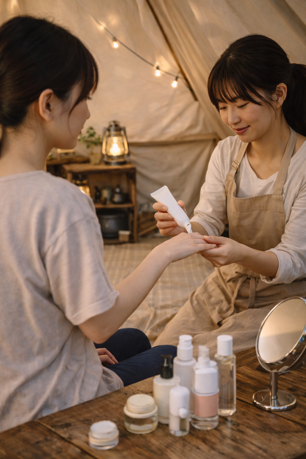 キャンプのテント内で女性二人がスキンケアをしている。