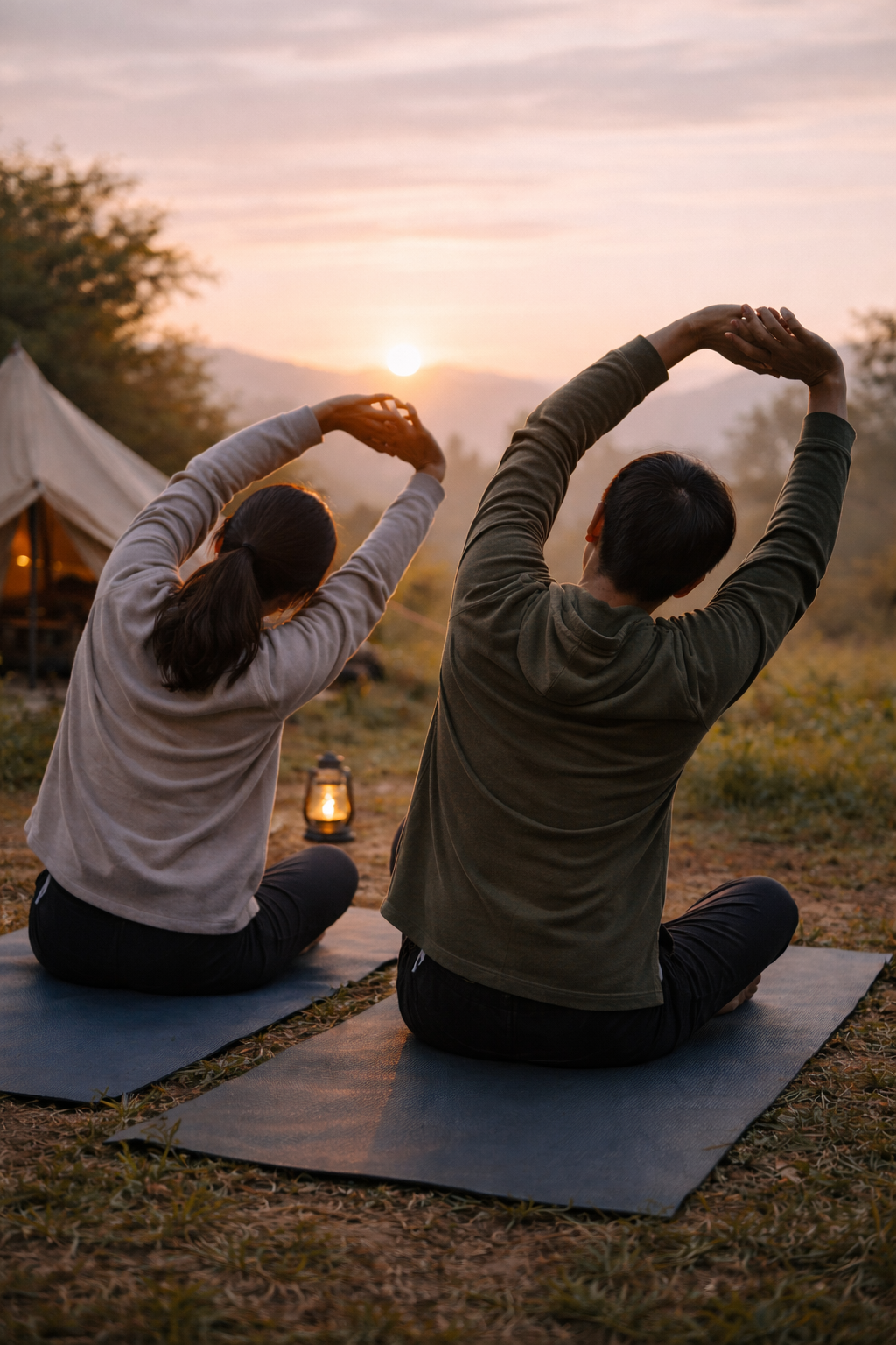 夕方の自然の中でヨガをしている男女のペア。彼らは畳に座り、背中を向けて手を上げてストレッチをしている。キャンプ用のランタンが置かれ、テントも見える風景。