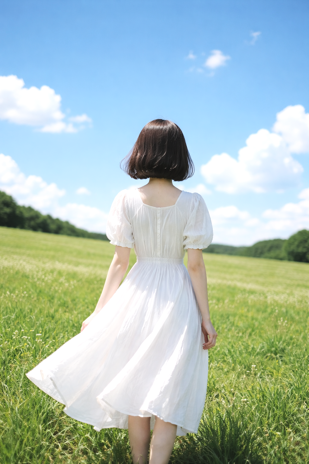 青空の下、白いドレスを着た女性が緑の野原を歩いている