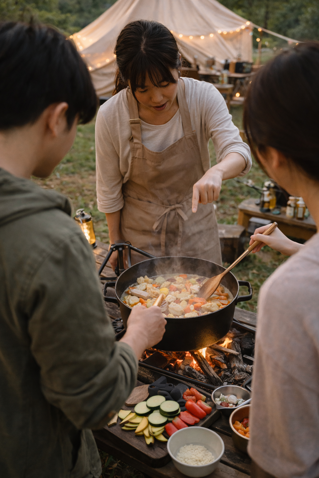 キャンプ場で屋外調理をしているグループの女性と男性。鍋で野菜のシチューを作っている。背景にテントと木々が見える。