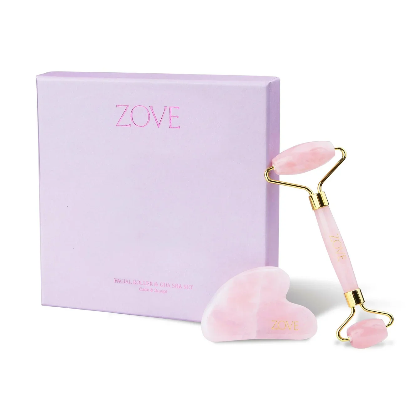 Zove Beauty Rose Quartz Facial Roller & Gua Sha Set
