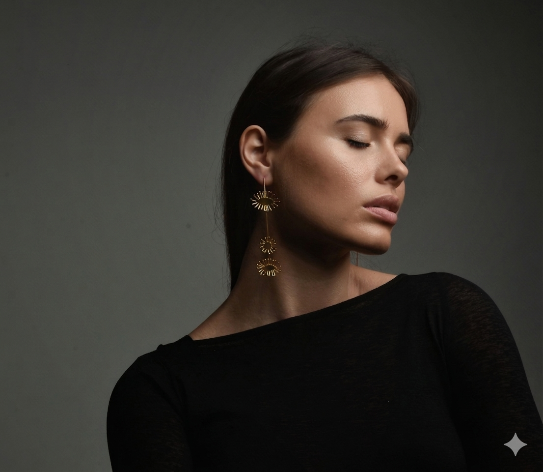 A woman with dark hair wearing large gold dangle earrings with an eye-inspired design, dressed in a black top, with her eyes closed and head tilted slightly to the side against a gray background.