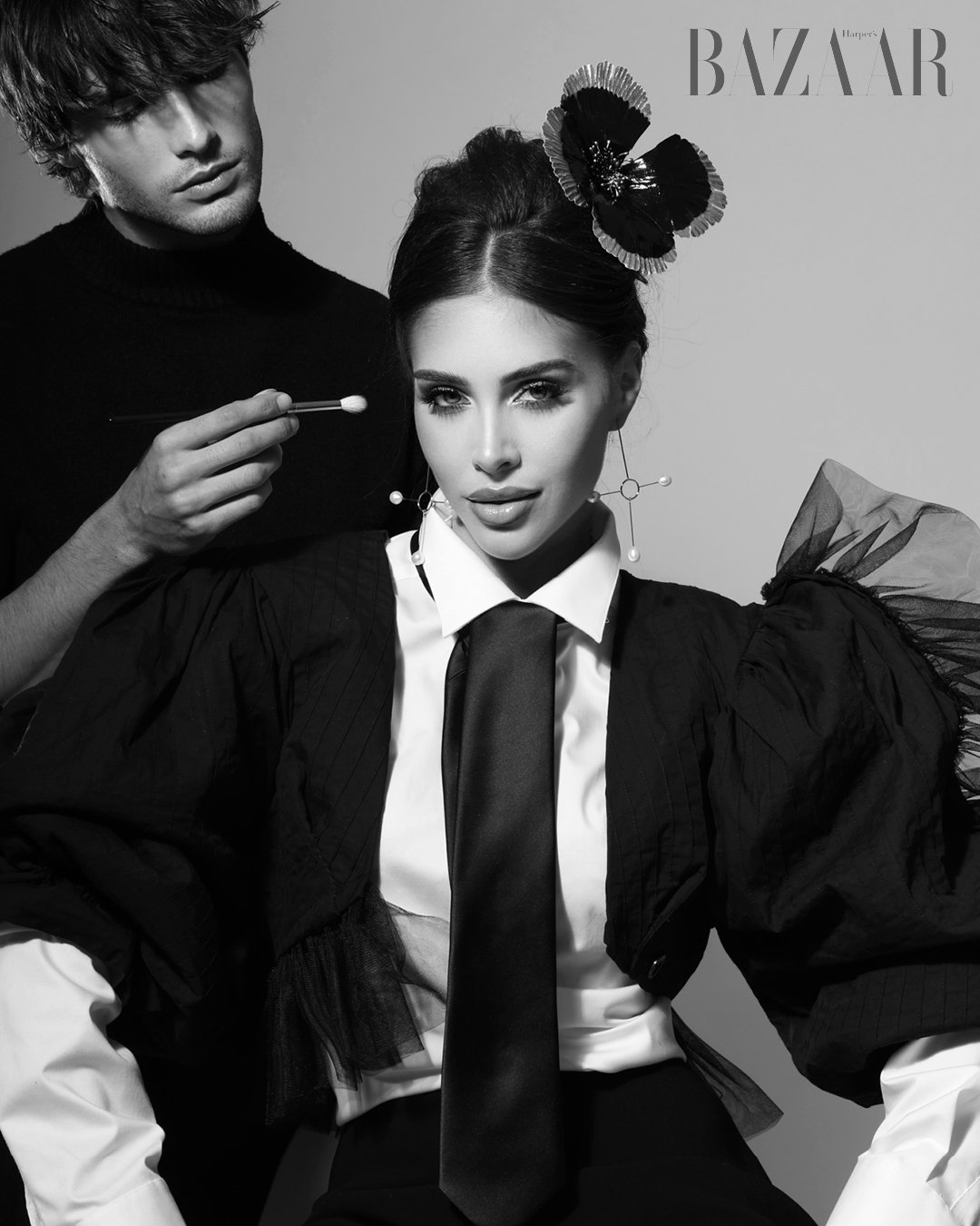 Isidore earring and Leather Flower headpiece for Harpers Editorial with Miss Spain Andrea Valero