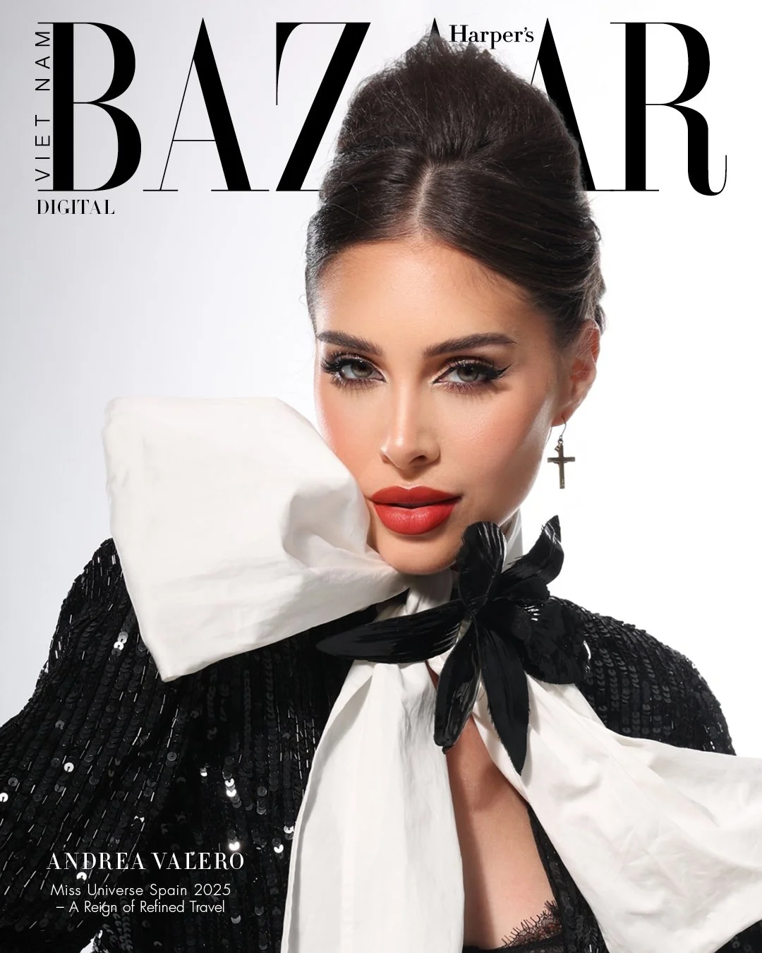 Custom Gold Cross Earring and Leather Flower Brooch for Harpers Bazaar Editorial with Miss Spain Andrea Valero