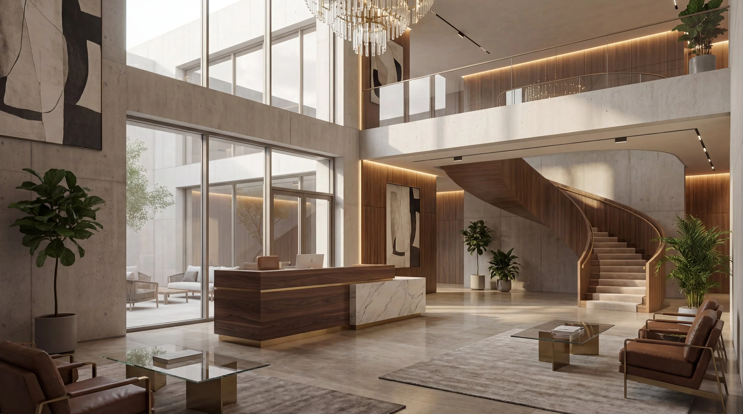 Modern lobi alanı, büyük cam pencerelerle aydınlatılmış, ahşap detaylı merdiven ve oturma alanlarıyla şık ve ferah.