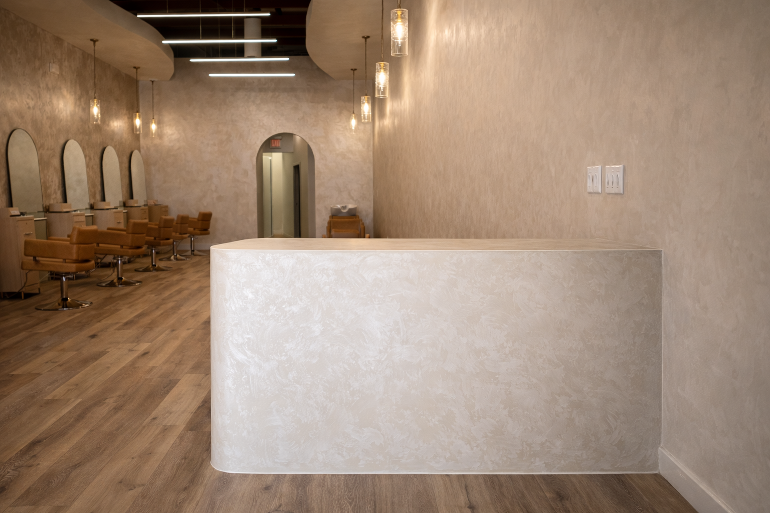 Venetian plaster wall finish in commercial beauty salon 
