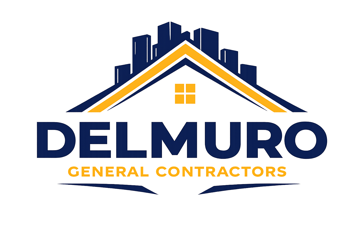 Logo for DelMuro General Contractors featuring a stylized house with a yellow roof and text in blue and yellow.