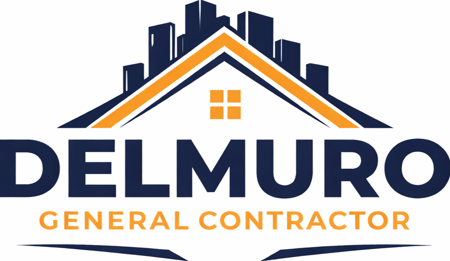 Logo for Delmuro General Contractor featuring a house roof with an orange window and city skyline in the background.