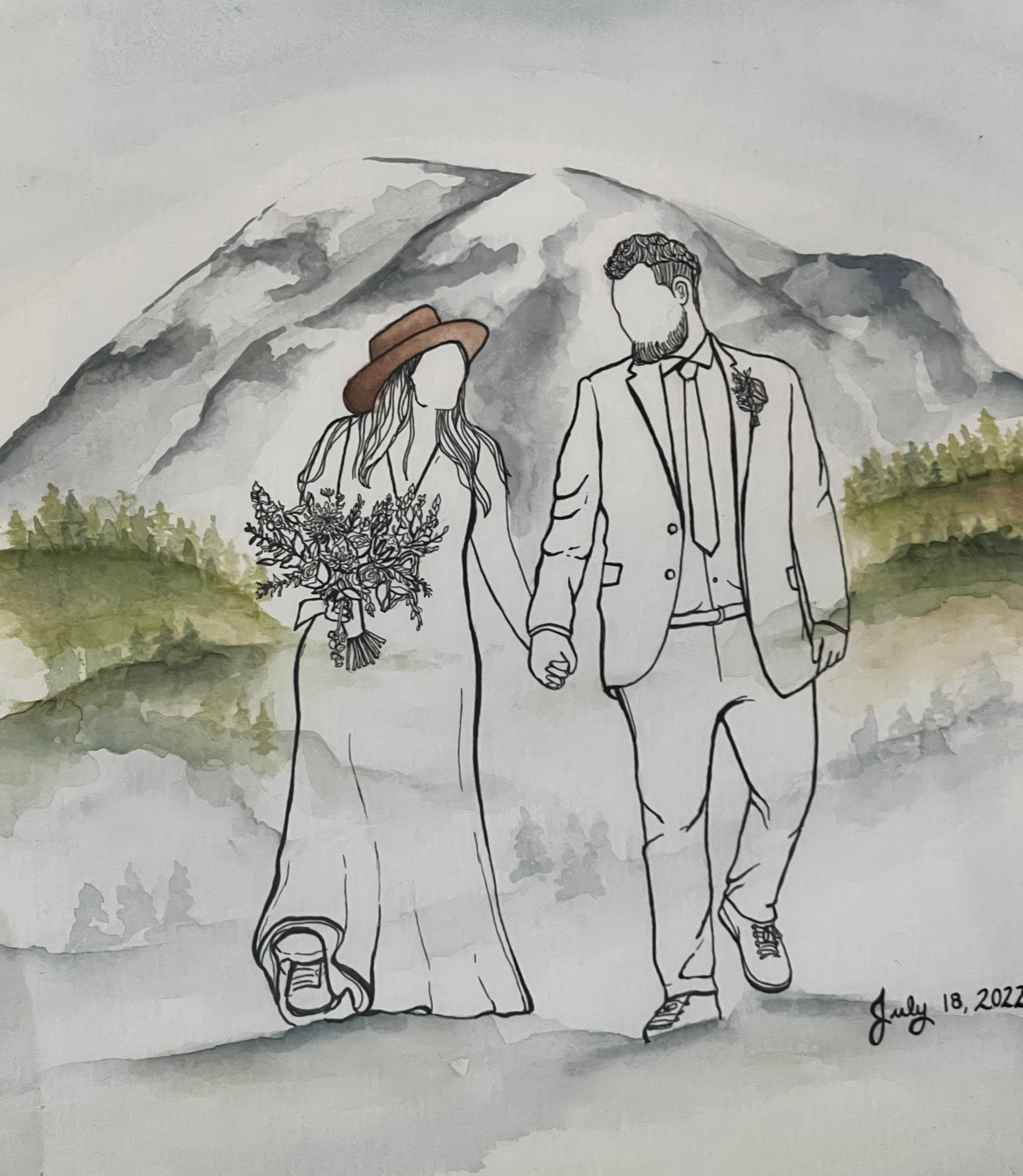 A watercolor illustration of a couple walking hand in hand in front of a mountain landscape, with the date July 18, 2022, written in the bottom right corner.