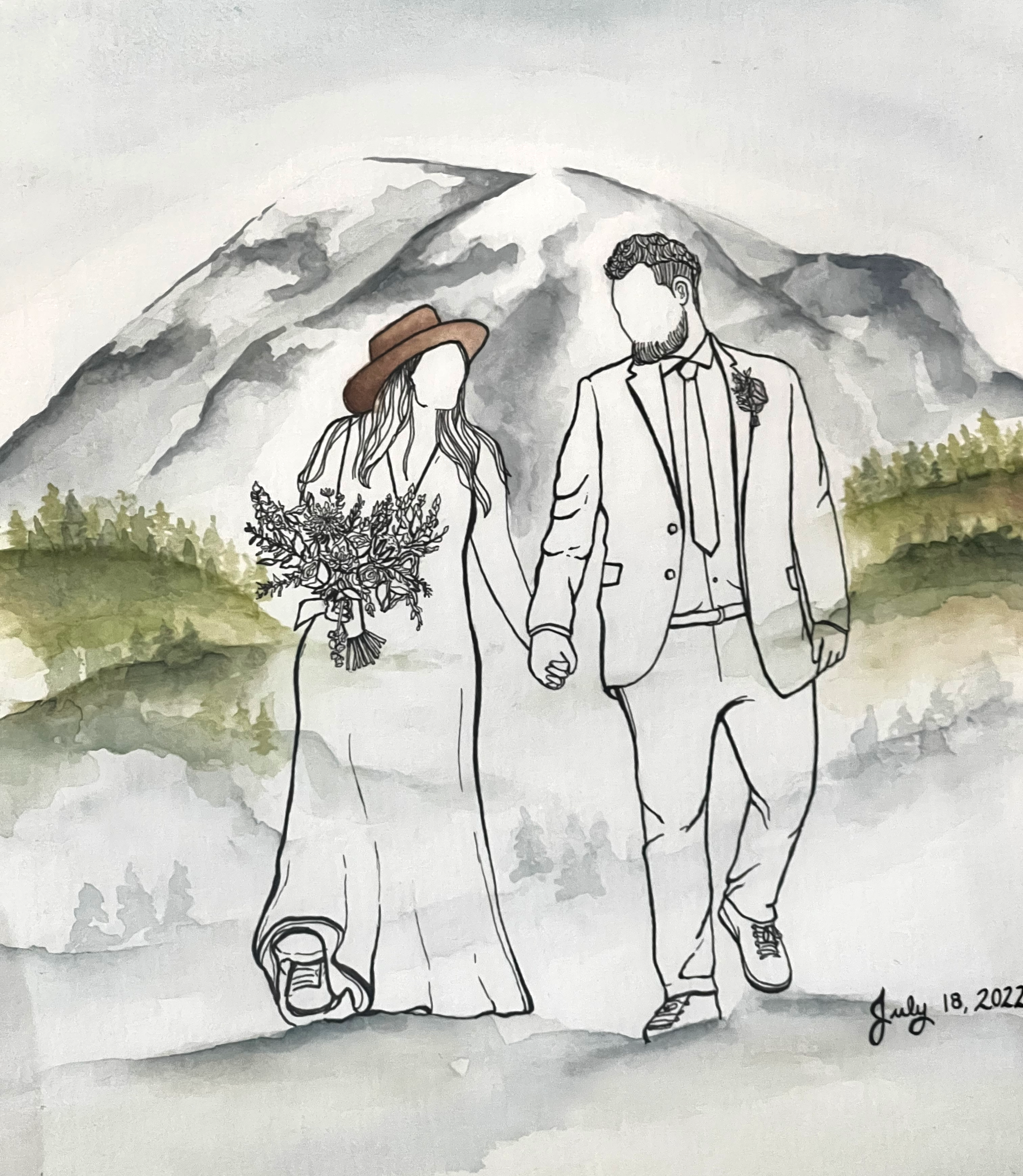 Line drawing of a couple holding hands, walking in front of mountains and trees, with the date July 18, 2022, written in the bottom right corner.