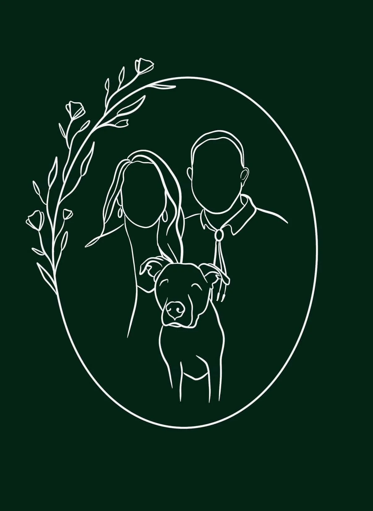 Minimalist line drawing of a couple with a dog, inside an oval frame with floral decorations on the left side, set against a dark green background.