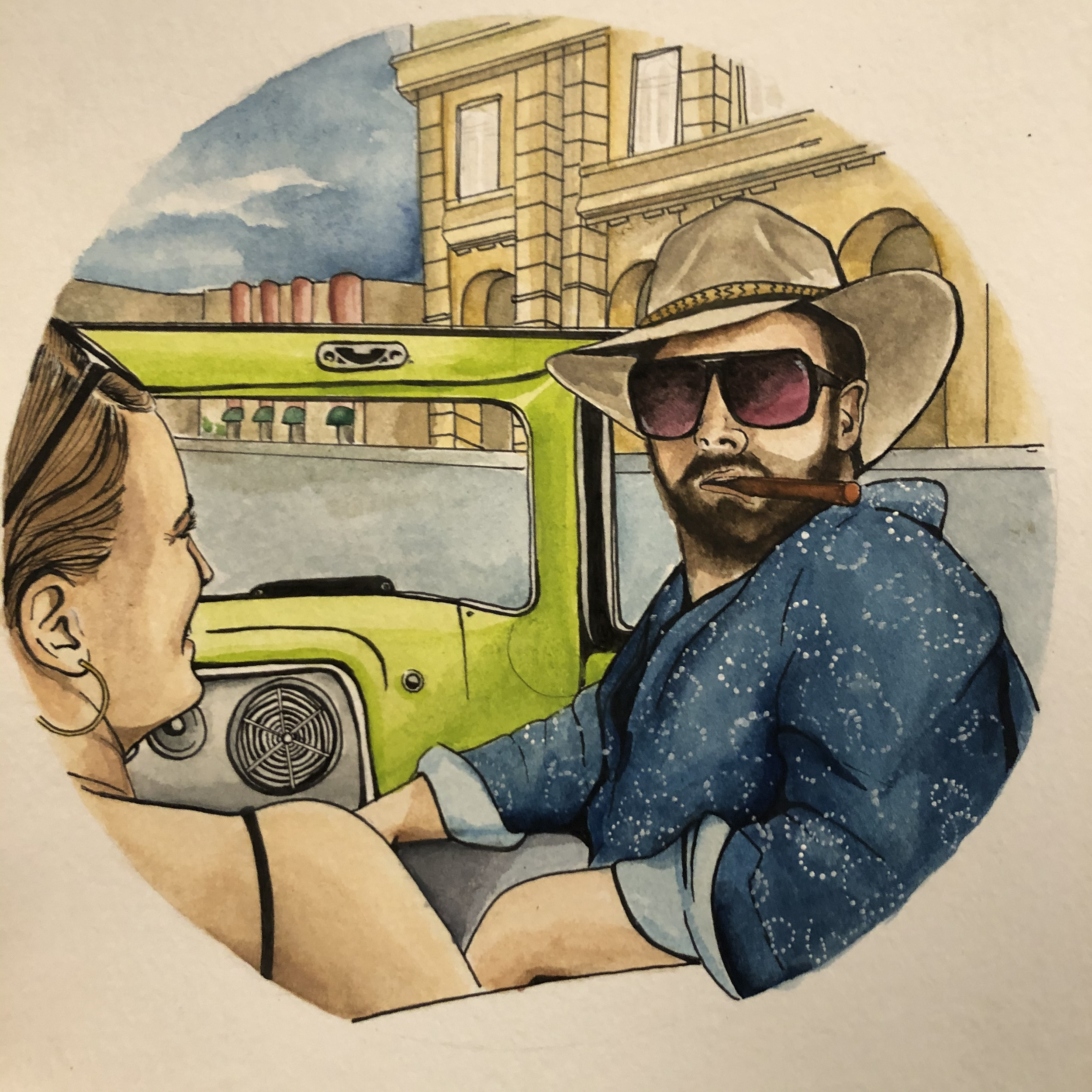 Illustration of a man with a beard wearing a cowboy hat, sunglasses, and a cigar in his mouth, holding hands with a woman in a car, with a cityscape in the background.