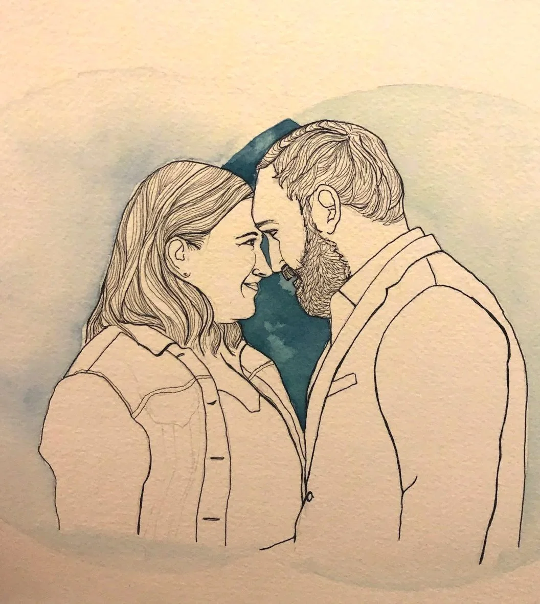Line drawing of a man and woman with foreheads touching, smiling at each other, with a blue watercolor background behind them.