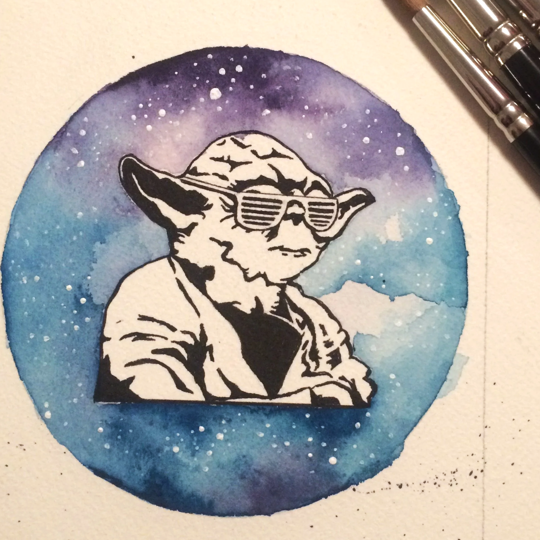 Watercolor painting of Yoda from Star Wars wearing sunglasses and a jacket, set against a cosmic background with stars and clouds.