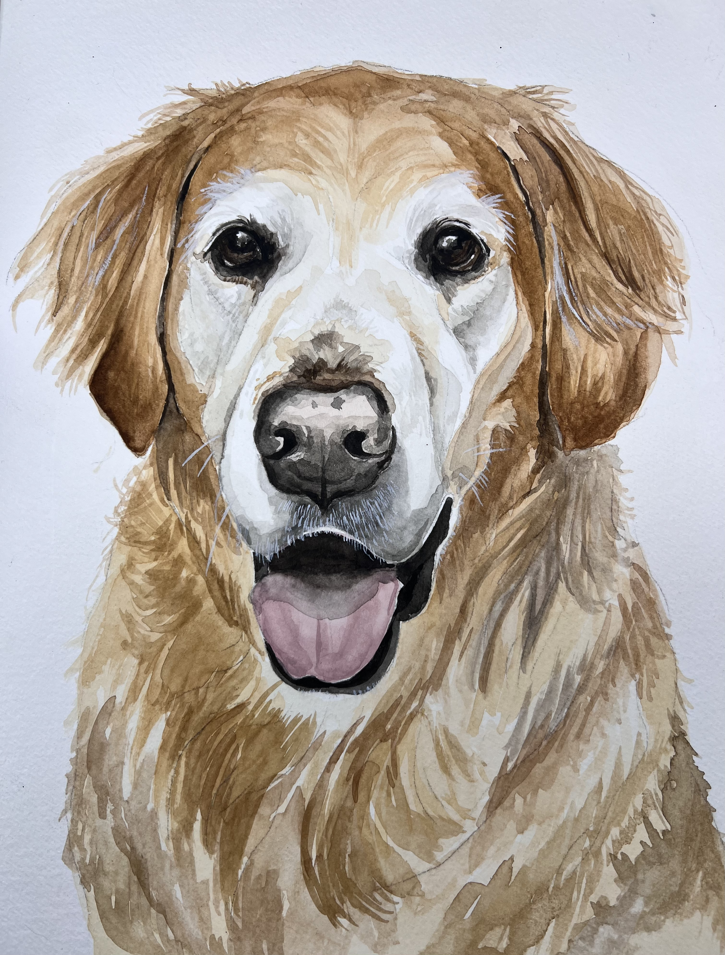 Watercolor painting of a happy golden retriever dog with open mouth, showing tongue, and light-colored fur.