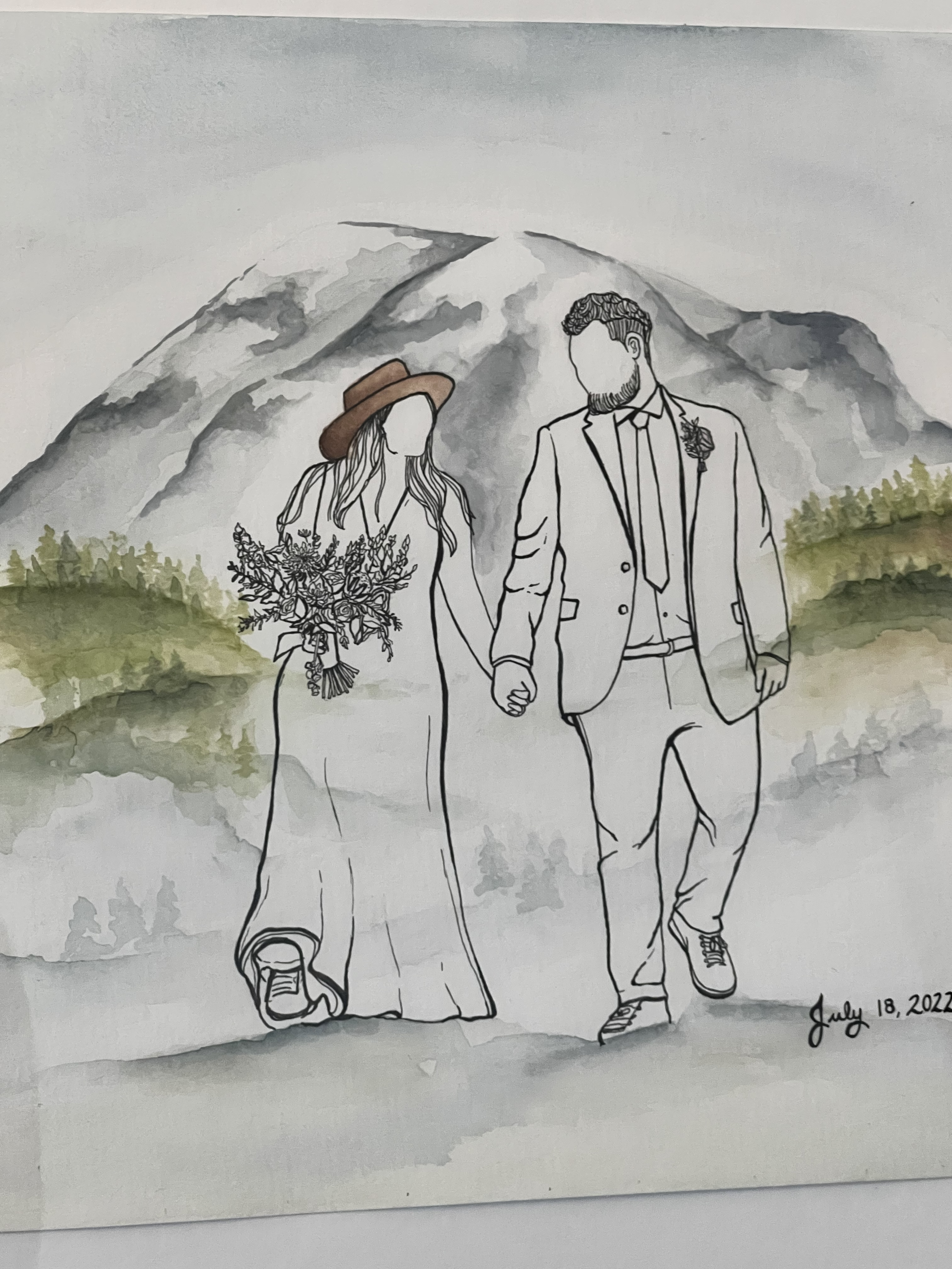 A watercolor illustration of a couple at their wedding holding hands, with a mountain and forest background. The woman wears a wide-brimmed hat and a long wedding dress, holding a bouquet of flowers. The man wears a suit with a tie.