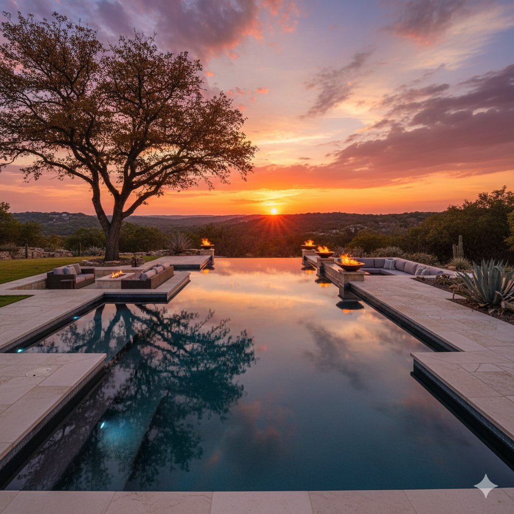 A luxurious swimming pool with a sunset view, surrounded by outdoor seating and fire pits, with a tree and desert landscape in the background.