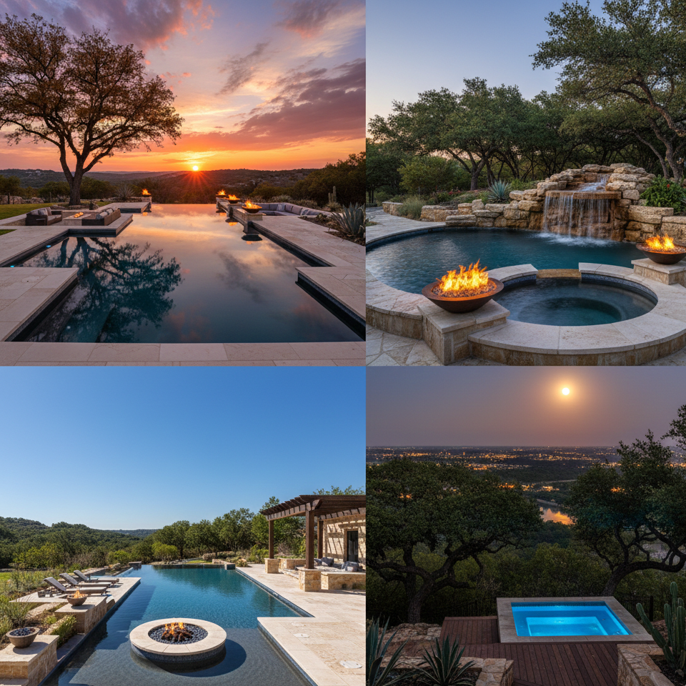 Four images of luxurious outdoor pools at sunset or daytime, surrounded by desert landscaping, trees, and scenic views.