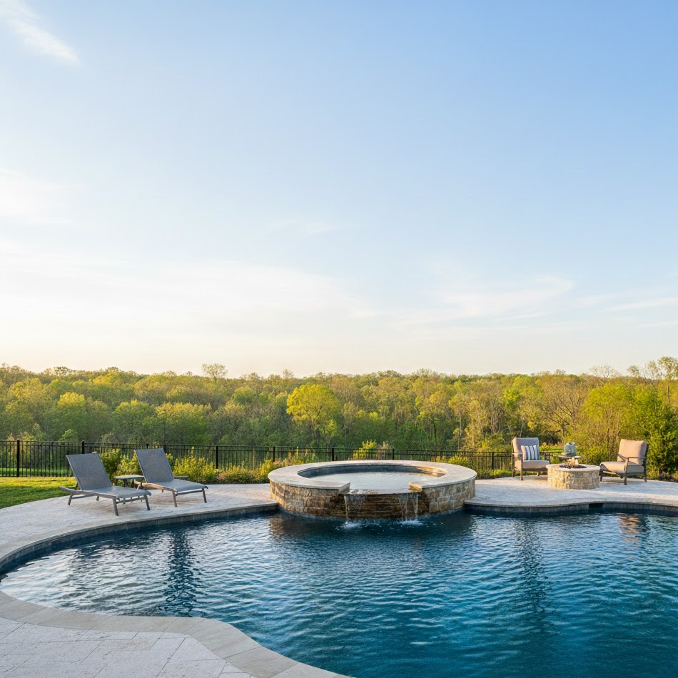 Outdoor swimming pool with a hot tub on a patio, surrounded by lounge chairs and a scenic view of trees and a blue sky.