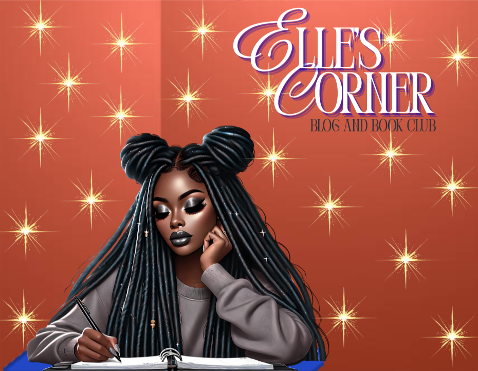 Digital illustration of a woman with long braided hair in space buns, wearing makeup, sitting at a desk with a notebook and pen, with a sparkling starry background. The text reads 'Elle's Corner Blog and Book Club.'