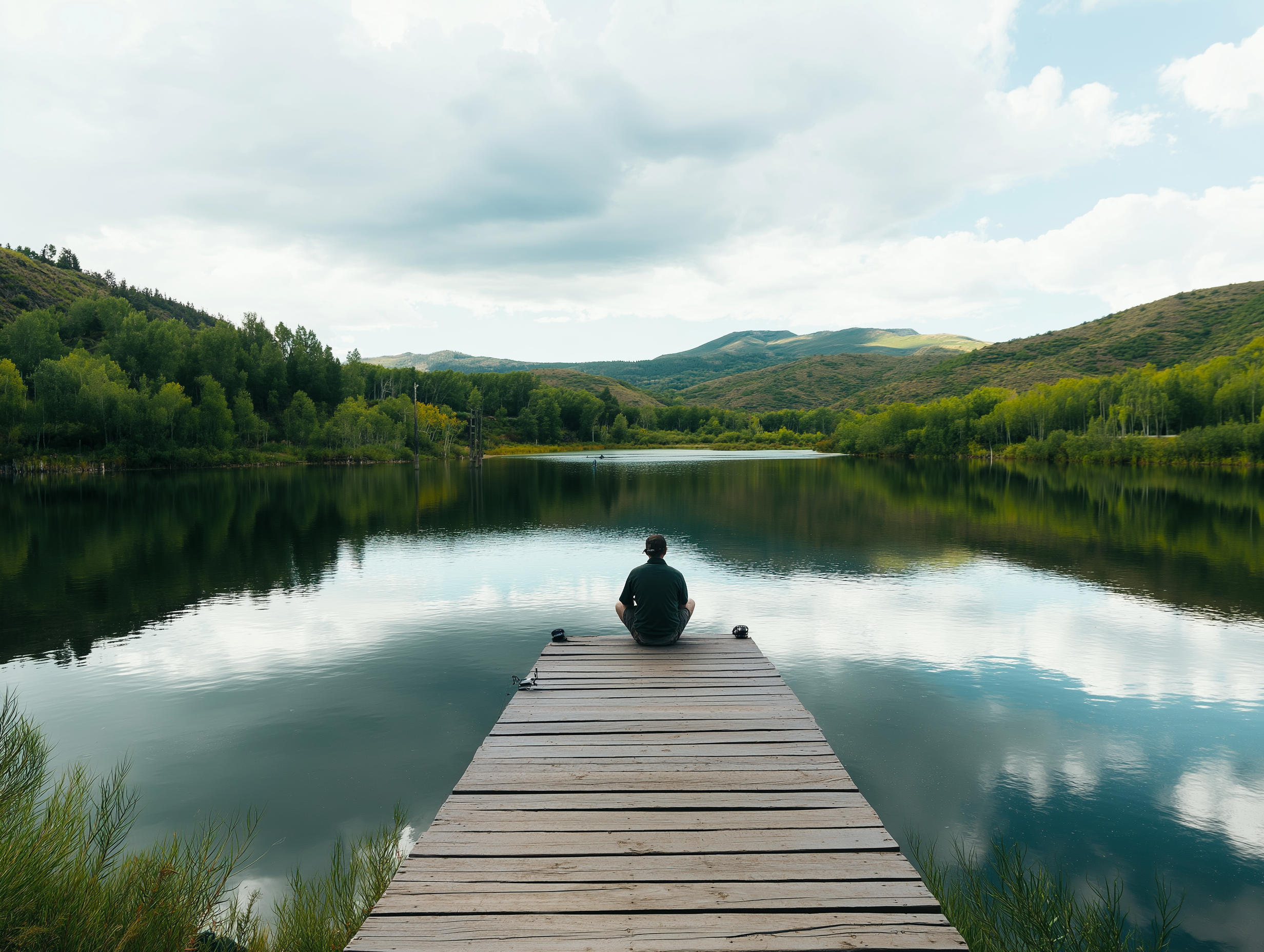 Person seated on a dock overlooking a still lake that reflects the sky and surrounding greenery.