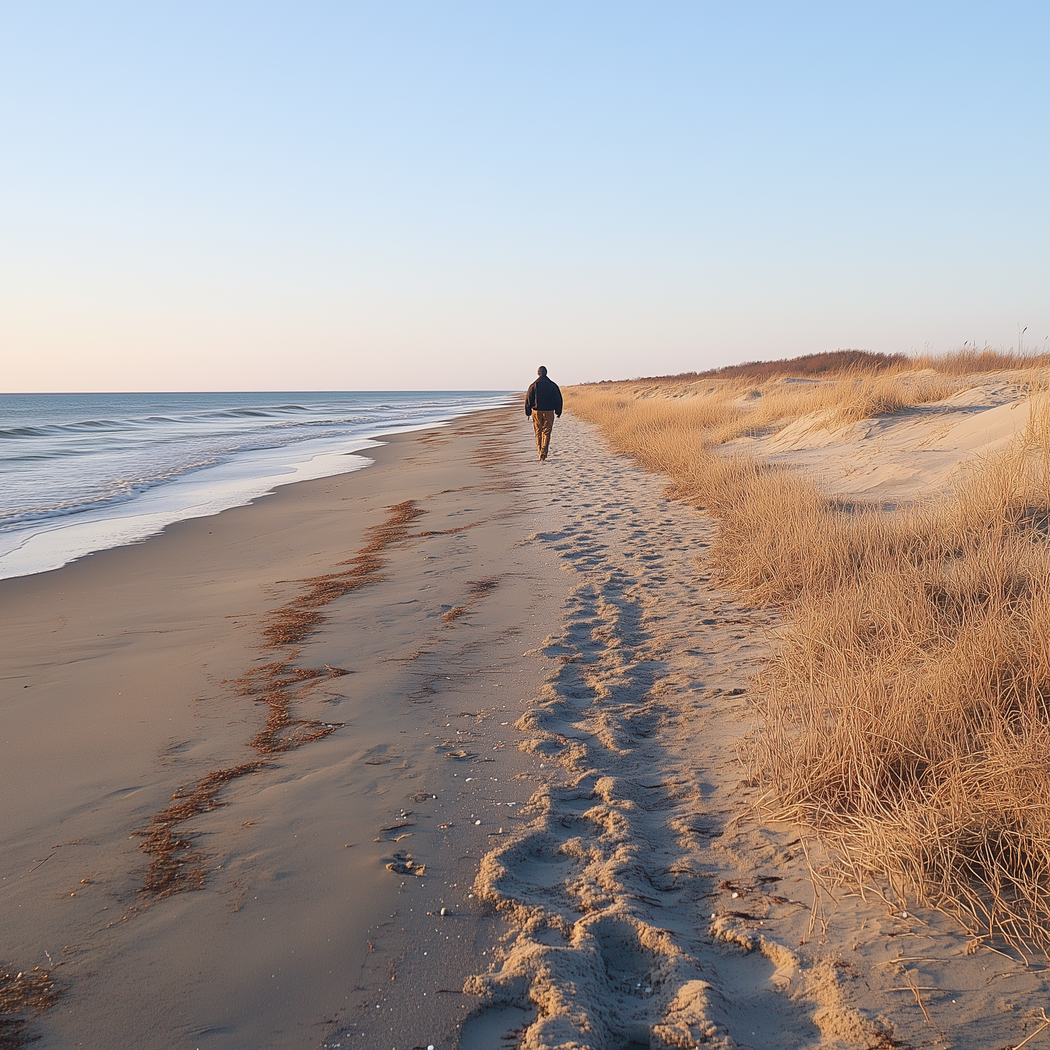 Individual walking alone on beach.