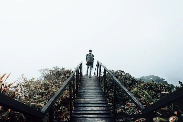 A man at the end of a path that opens up to fog.