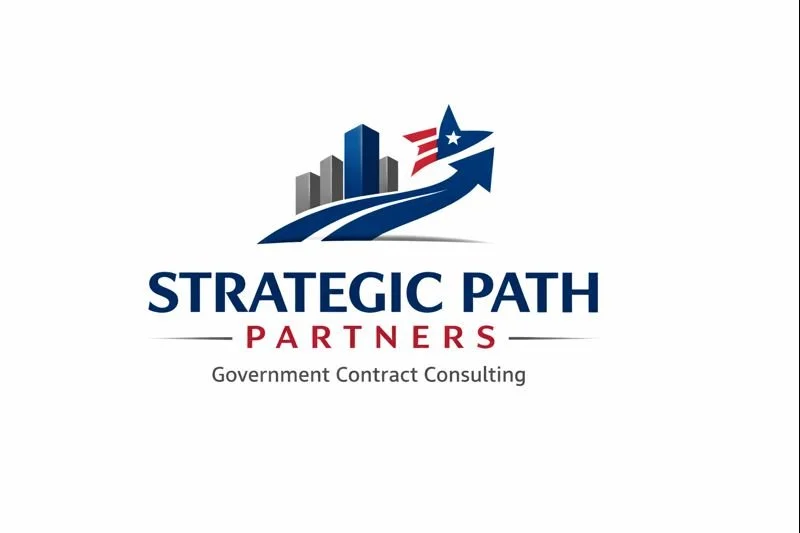 Logo for Strategic Path Partners, a government contract consulting firm, featuring a stylized city skyline, arrow, and star in patriotic colors.